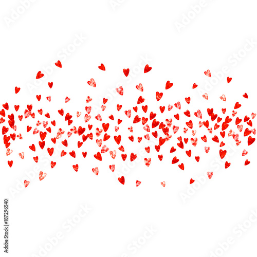 Valentines day heart with red glitter sparkles. February 14th day. Vector confetti for valentines day heart template. Grunge hand drawn texture. Love theme for gift coupons, vouchers, ads, events.