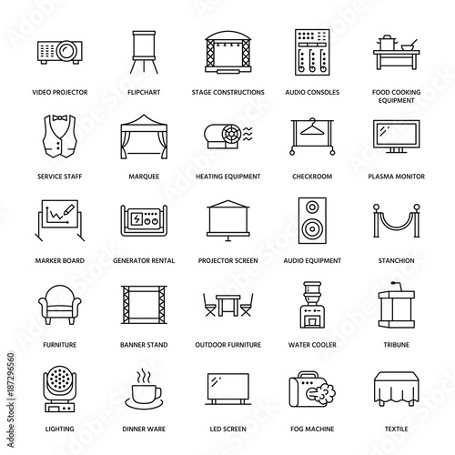 Event supplies flat line icons. Party equipment - stage constructions, visual projector, stanchion, flipchart, marquee. Thin linear signs for catering, commercial rental service.