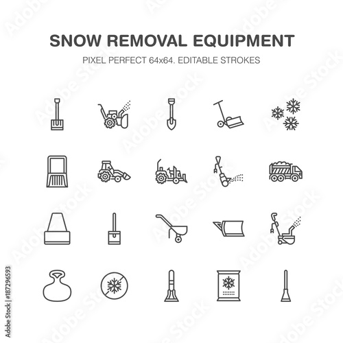 Snow removal flat line icons. Ice relocation service signs. Cold weather equipment - mini tractor, truck, front loader, shovel. Vector illustration, industrial cleaning symbols. Pixel perfect 64x64.