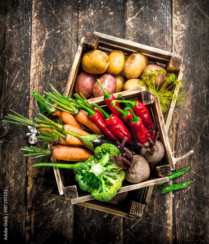 Organic food. Harvest of fresh vegetables in old boxes.