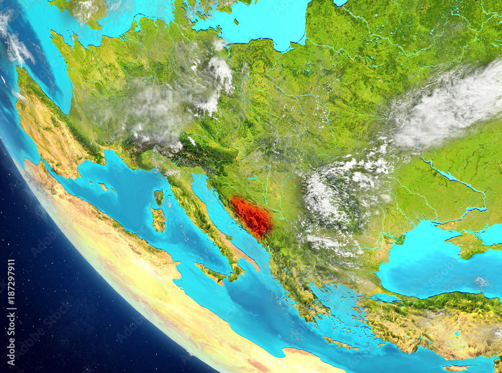 Satellite view of Bosnia and Herzegovina in red