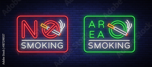 Smoking area and no smoking vector neon signs. Neon symbol, a luminous sign is a place for smoking. Neon sign of smoking ban. Bright sign, luminous banner