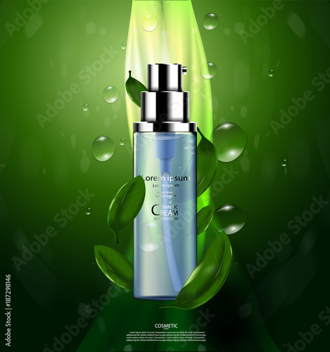 Luxury cosmetic Bottle package skin care cream, Green tea serum, Beauty cosmetic product poster, with Bokeh and Water background