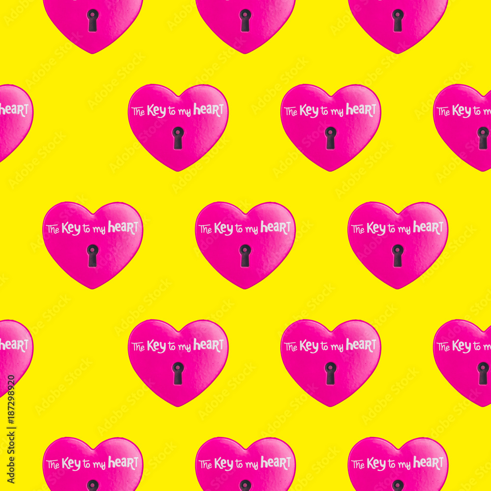 Hearts with lock on yellow background. Contemporary art collage.