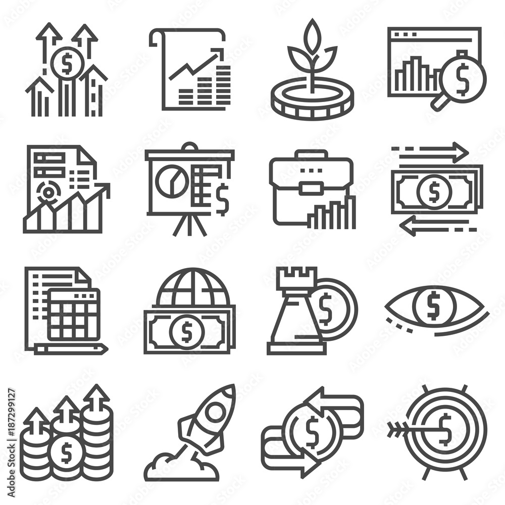 Investment icons set. Money, finance, banking illustration