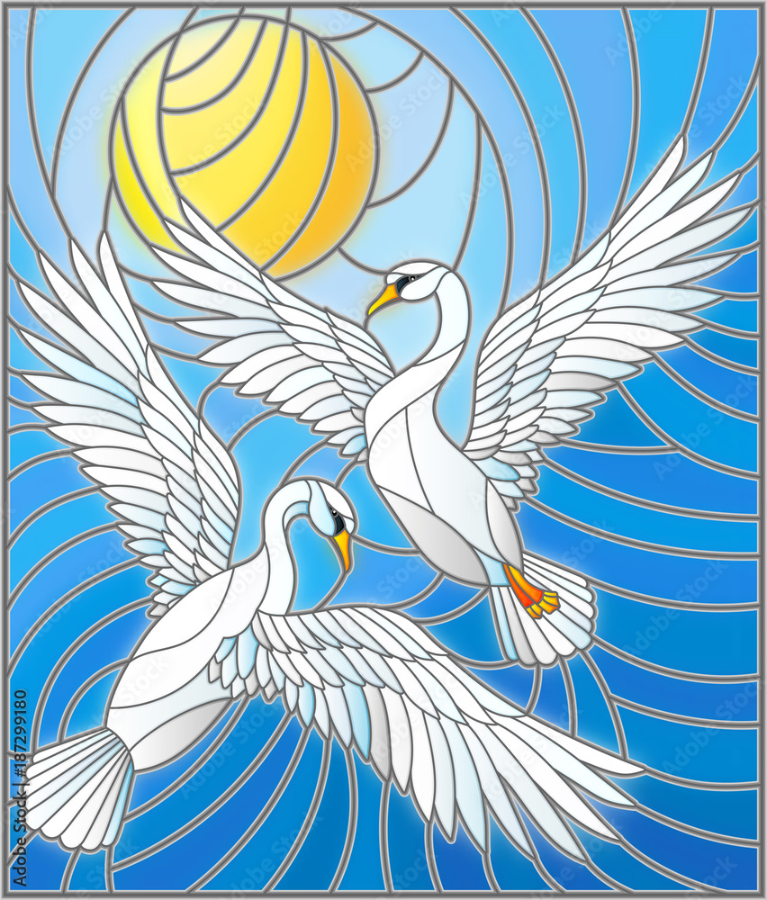 Fototapeta premium Illustration in stained glass style with a pair of swans on the background of the daytime sky and clouds