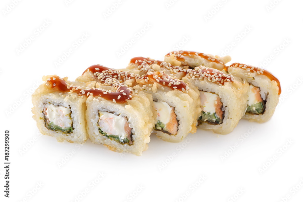 hot sushi roll on a white background isolated hot sushi roll on a white background isolated