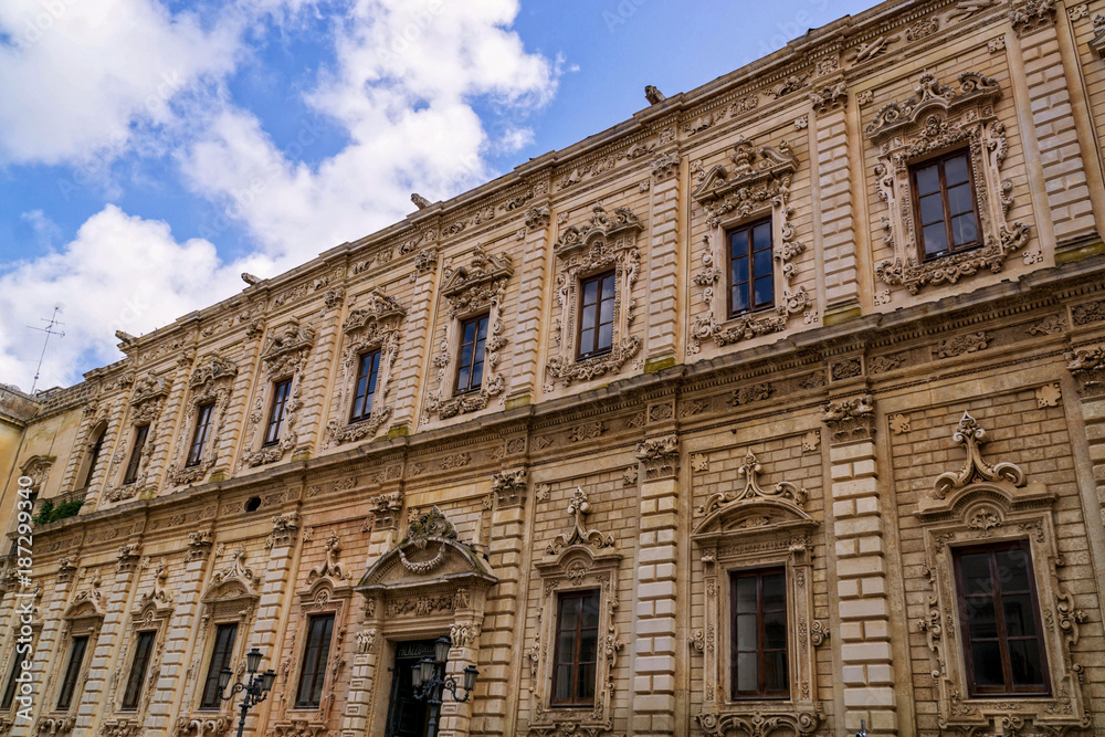 Baroque architecture on the facade of a palace in Lecce, southern Italy