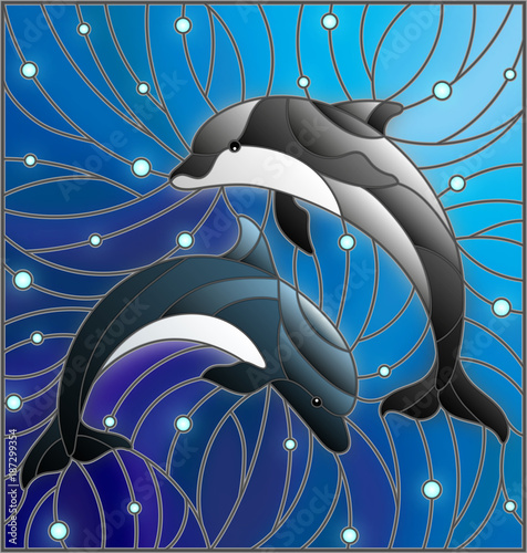 Illustration in the style of stained glass with two dolphins on the background of water and air bubbles
