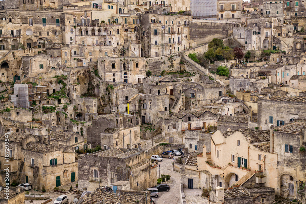 Urban cityscape of ancient Matera destination in Italy with its old stone houses and streets