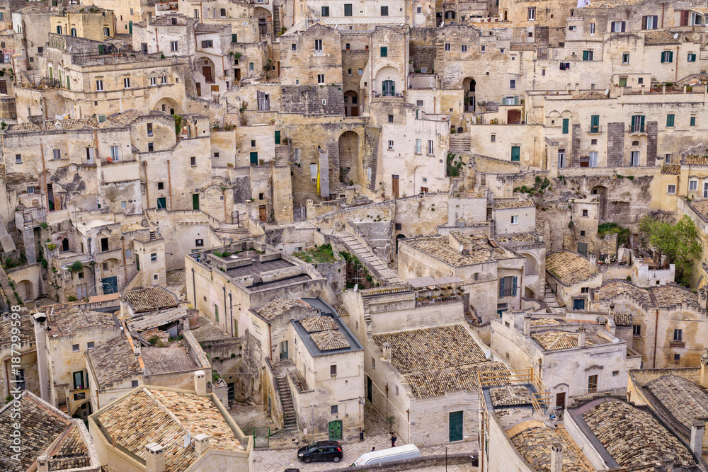 Ancient city of Matera in Italy old stone houses from above
