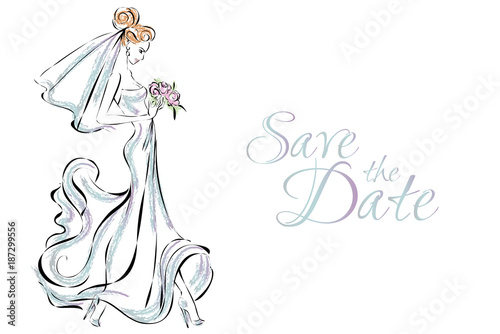 Wedding Day invitation with beautiful fiancee hand drawn vector illustration