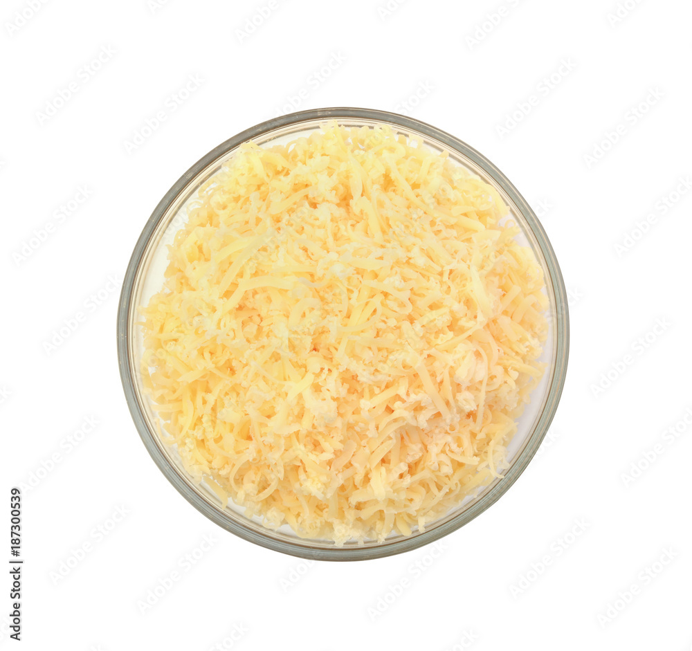 Grated cheese in a glass bowl top view isolated Grated cheese in a glass bowl top view isolated