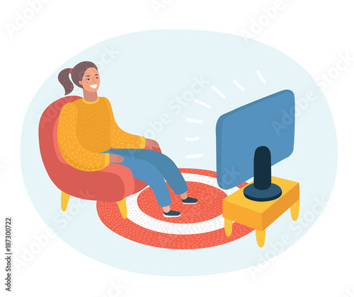 Vector illustration of woman watching television armchair and sitting in chair, drinking