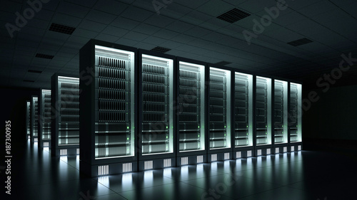 Data center dark with glowing servers 3d rendering