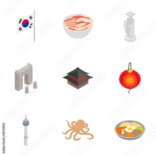 South Korea icons set, isometric 3d style