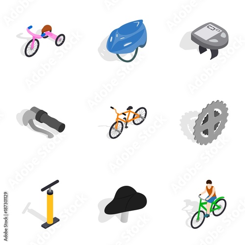 Bicycle equipment icons set, isometric 3d style