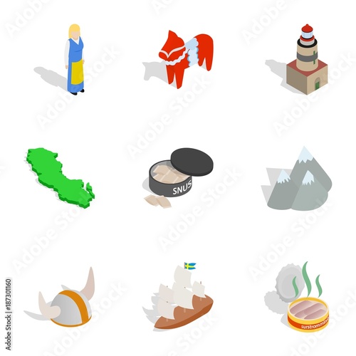 Swedish cultural elements icons set