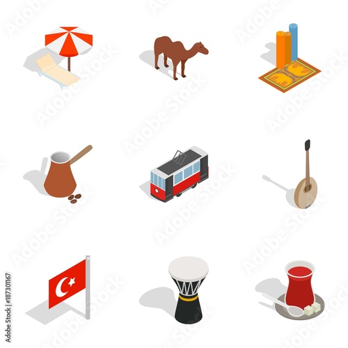 Turkish cultural icons set, isometric 3d style
