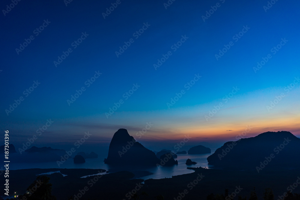 Landscape Viewpoint Phang Nga Bay highlight of Phang Nga Province,Thailand. Silhouette mountains and islands around mangrove forest at early morning sunlight. Landscape Viewpoint Phang Nga Bay highlight of Phang Nga Province,Thailand. Silhouette mountains and islands around mangrove forest at early morning sunlight.