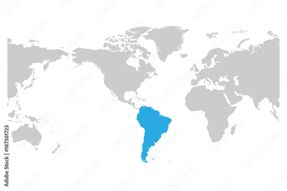 South America continent blue marked in grey silhouette of World map. Simple flat vector illustration.