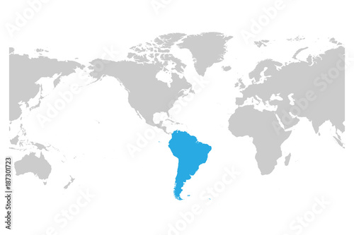 Fototapeta Naklejka Na Ścianę i Meble -  South America continent blue marked in grey silhouette of World map. Simple flat vector illustration.