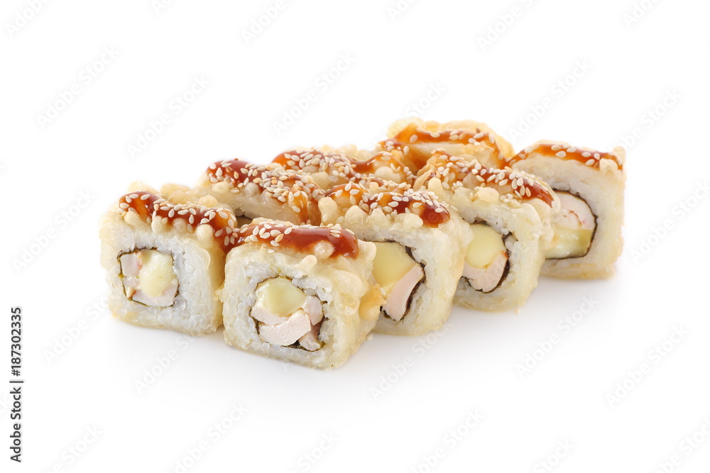 hot sushi roll on a white background isolated hot sushi roll on a white background isolated
