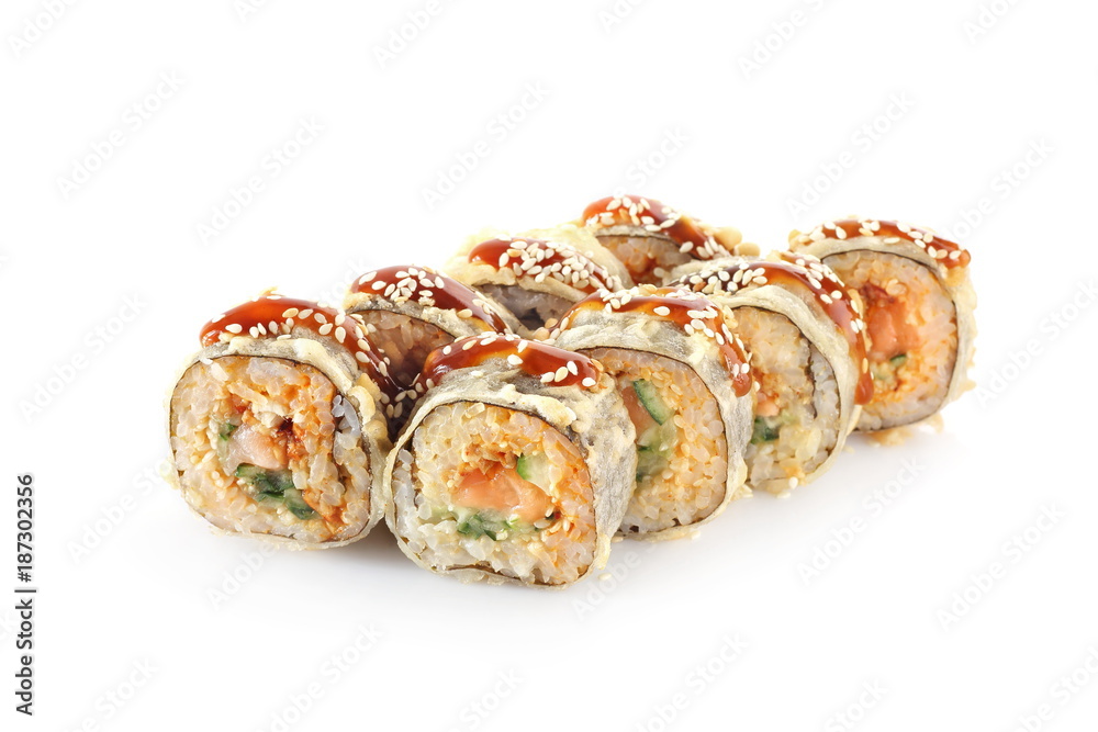 hot sushi roll on a white background isolated hot sushi roll on a white background isolated