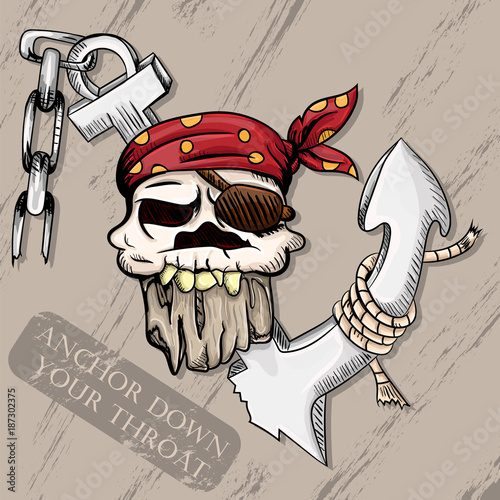 illustration of a pirate skull wearing a bandana and a broken anchor