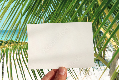 Female tanned fingers holding empty paper card for writing text, tropical beach palms background.