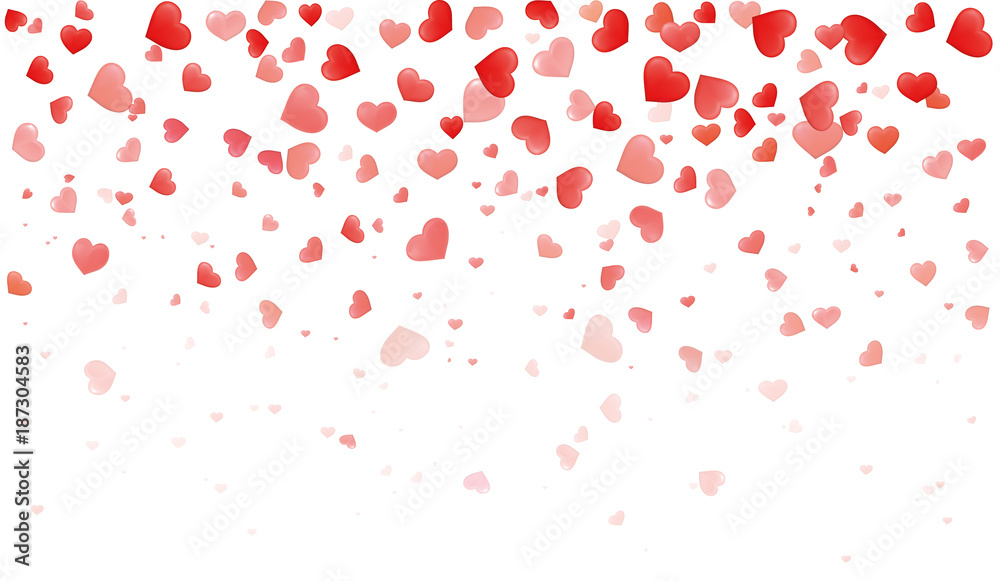 Confetti hearts for Valentine petals falling on white background. Dackground with different colored hearts - stock vector.