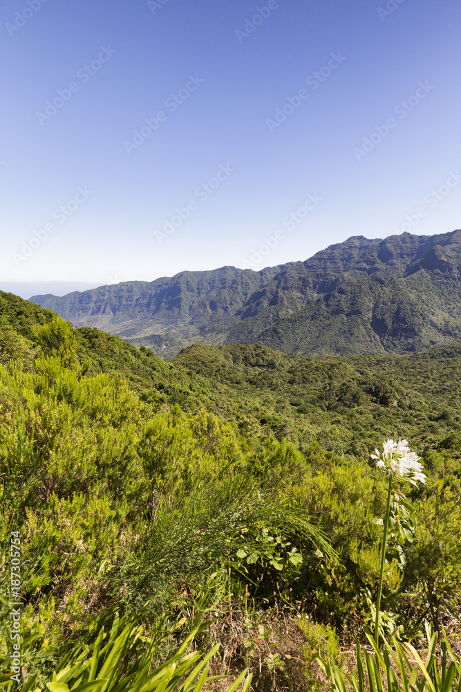 Portrait view of the mountains from the Mirador Enumeada viewpoint in mountians of Madeira, Portugal.