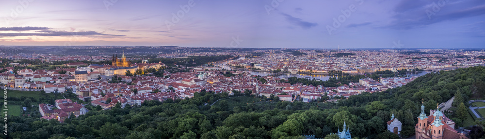 Panoramic view short after sunset over the city of Prague, Czech Republic