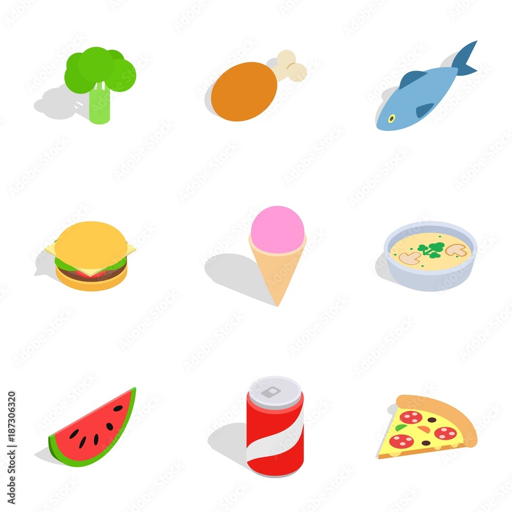 Healthy food icons, isometric 3d style