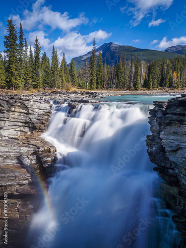 Rainbow at the athabasca falls on the icefield parkway, Canada