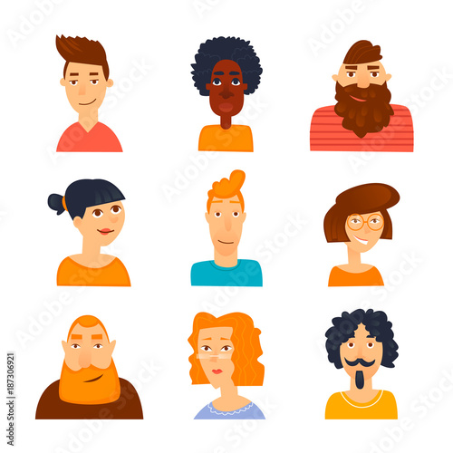 Characters avatars man and woman. Persons. Flat design vector illustration.