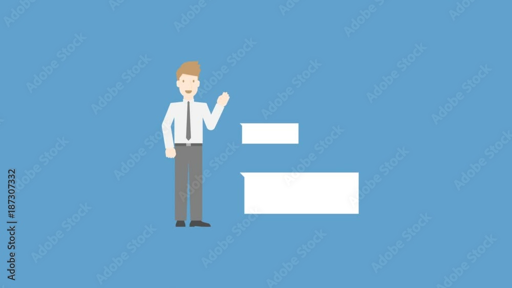 Businessman presentation with speech bubble pop up many size on blue color background, seamless looping animation 4K with copy space Businessman presentation with speech bubble pop up many size on blue color background, seamless looping animation 4K with copy space