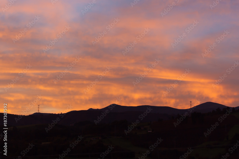 Mountain landscape at sunrise near San Juan in Asturias, Spain