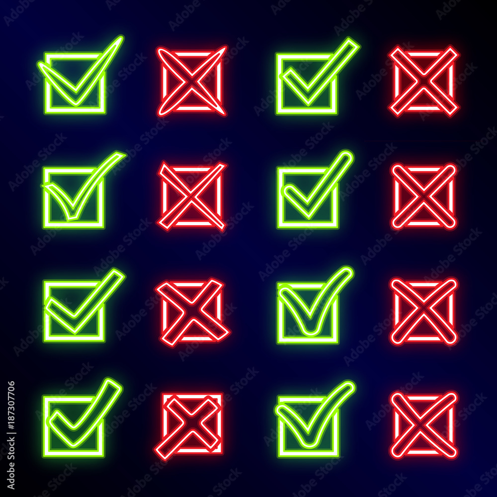 Bright glowing neon mark X and V in check box. Set of green neon hooks and red neon crosses. Yes and No icons for websites or applications. Right and Wrong signs isolated on dark background Bright glowing neon mark X and V in check box. Set of green neon hooks and red neon crosses. Yes and No icons for websites or applications. Right and Wrong signs isolated on dark background