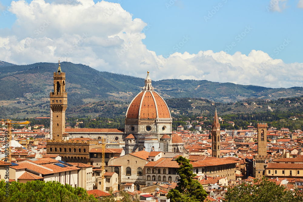 Panorama of Florence on a summer sunny day with the Duomo of Santa Maria del Fiore in the center
