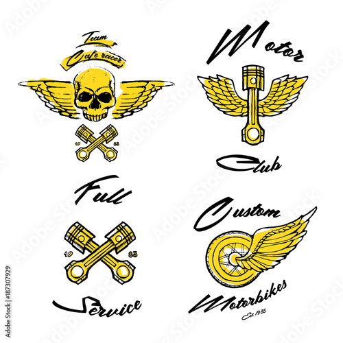 Moto biker theme, icon set. Cafe racer. Golden