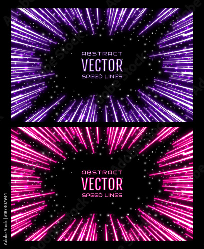 Set of bright glowing neon speed lines. Template for poster, banner, invitation to night party in club. Festive illustration with effect power explosion. Set neon speed line on dark background. Vector