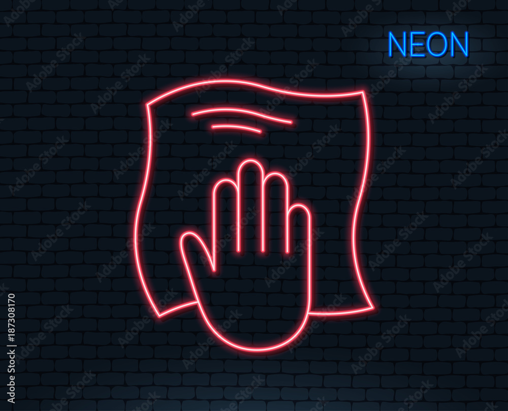 Neon light. Cleaning cloth line icon. Wipe with a rag symbol. Housekeeping equipment sign. Glowing graphic design. Brick wall. Vector Neon light. Cleaning cloth line icon. Wipe with a rag symbol. Housekeeping equipment sign. Glowing graphic design. Brick wall. Vector