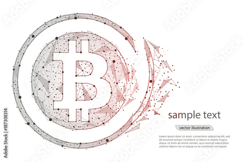 abstract design collapse Bitcoin digital currency coin.isolated from low poly wireframe on white background. polygonal image.Vector illustration.
