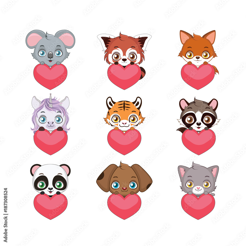 Cute animals with hearts