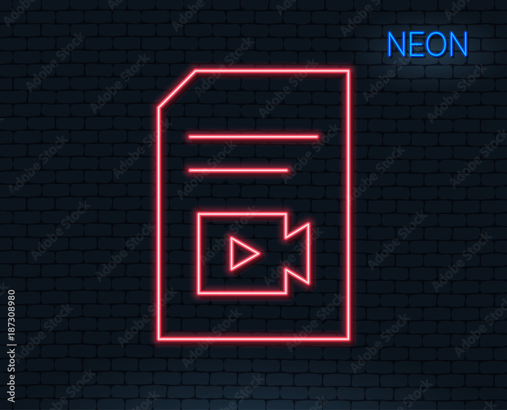 Neon light. Document with Video content line icon. Vlog File with Camera sign. Paper page concept symbol. Glowing graphic design. Brick wall. Vector Neon light. Document with Video content line icon. Vlog File with Camera sign. Paper page concept symbol. Glowing graphic design. Brick wall. Vector
