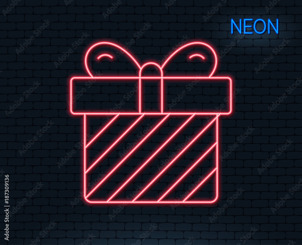 Neon light. Gift box line icon. Present or Sale sign. Birthday Shopping symbol. Package in Gift Wrap. Glowing graphic design. Brick wall. Vector Neon light. Gift box line icon. Present or Sale sign. Birthday Shopping symbol. Package in Gift Wrap. Glowing graphic design. Brick wall. Vector
