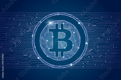 Bitcoin digital currency coin.cyber network background.isolated from low poly wireframe. Vector abstract polygonal image