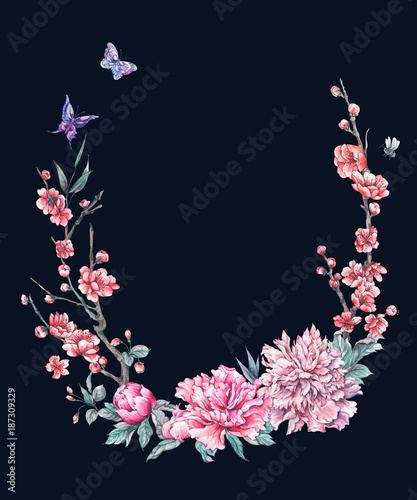 Watercolor with flowers blooming branches of cherry