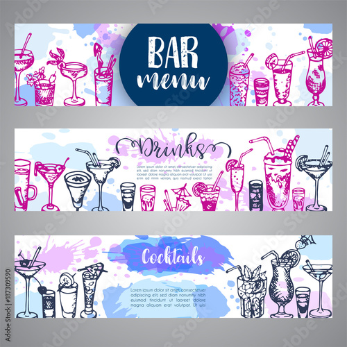 Hand drawn cocktails banners. Sketch of alcohol drink in different glass. Vector illustaration
